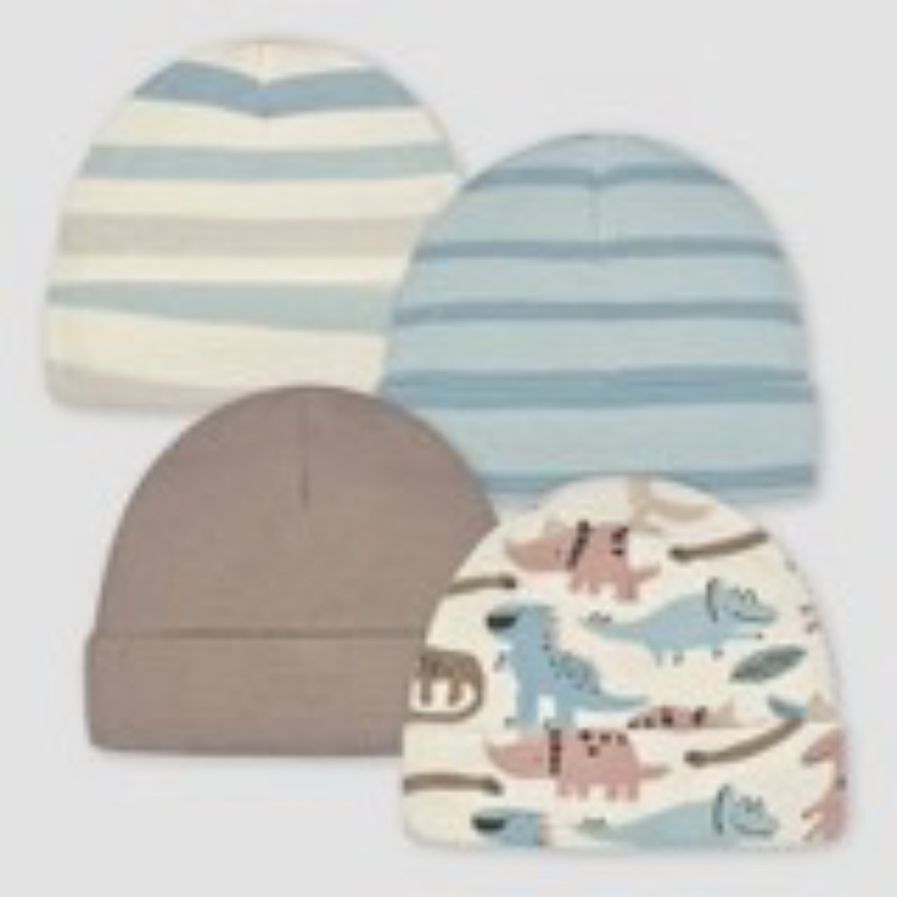 Gerber Baby Boys' 4pk Dino Caps Dark Brown Light Blue White 0-6M Cotton